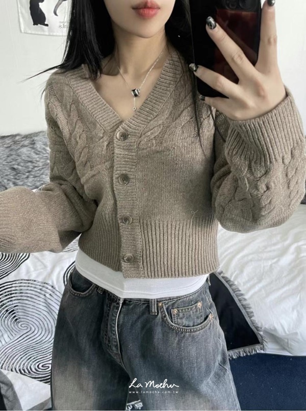 麻花混坑條V領外套